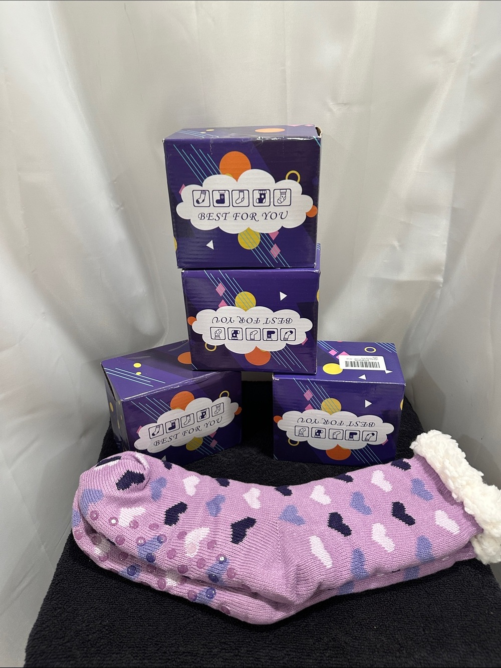 Purple Heart Pattern Fuzzy Socks four pairs of different colors NWT